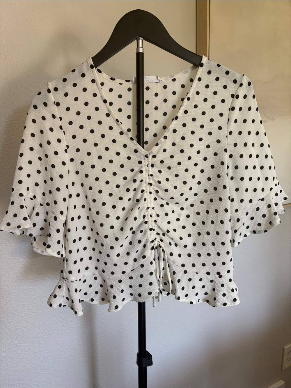 Polka Dot Ruched V-Neck Crop Blouse - White/Black